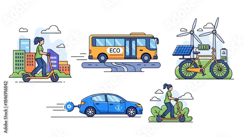 Illustration of eco-friendly transportation options including electric scooters, a bus, a solar-powered bicycle, and an electric car.