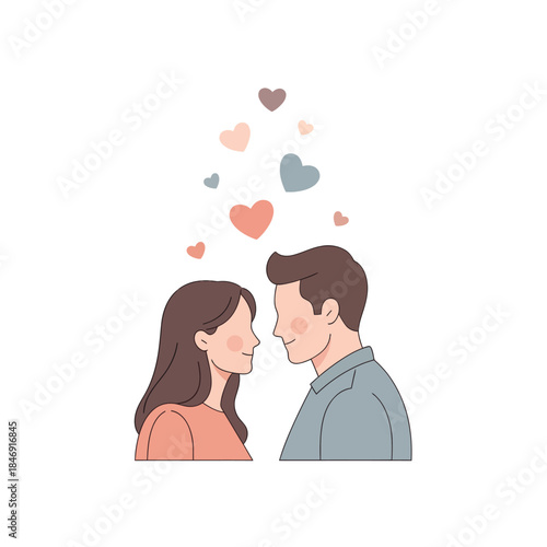 romantic couple with floating hearts symbolizing love and affection in a minimalistic illustration