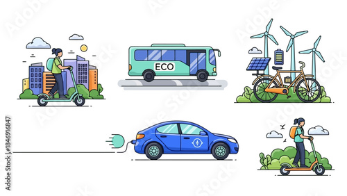 A collection of eco-friendly transportation options including electric scooters, buses, bicycles, and cars.