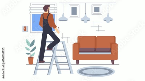 Electrician on ladder installing light fixture animation, DIY lighting technician animated video, Electric Profession Clip, Low High Voltage Power Supply footage Handyman and Repairman motion graphics