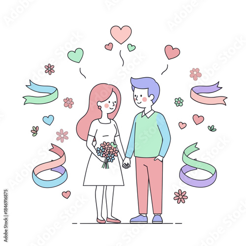 Cute cartoon illustration of a loving couple holding hands surrounded by hearts and flowers for