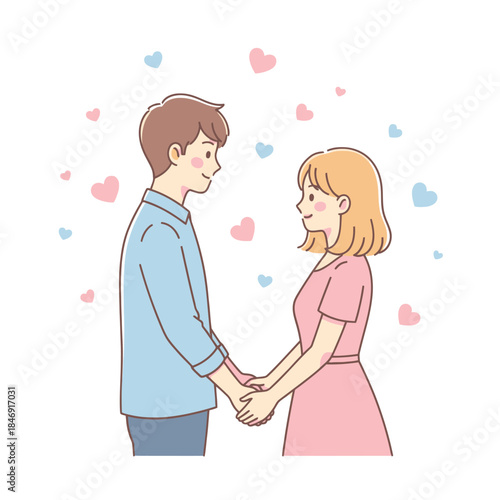 Sweet Romantic Moment Between Couple Holding Hands Surrounded by Hearts