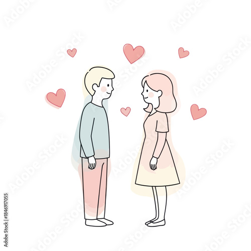 Sweet romantic couple sharing a loving moment with hearts floating around them in a cute