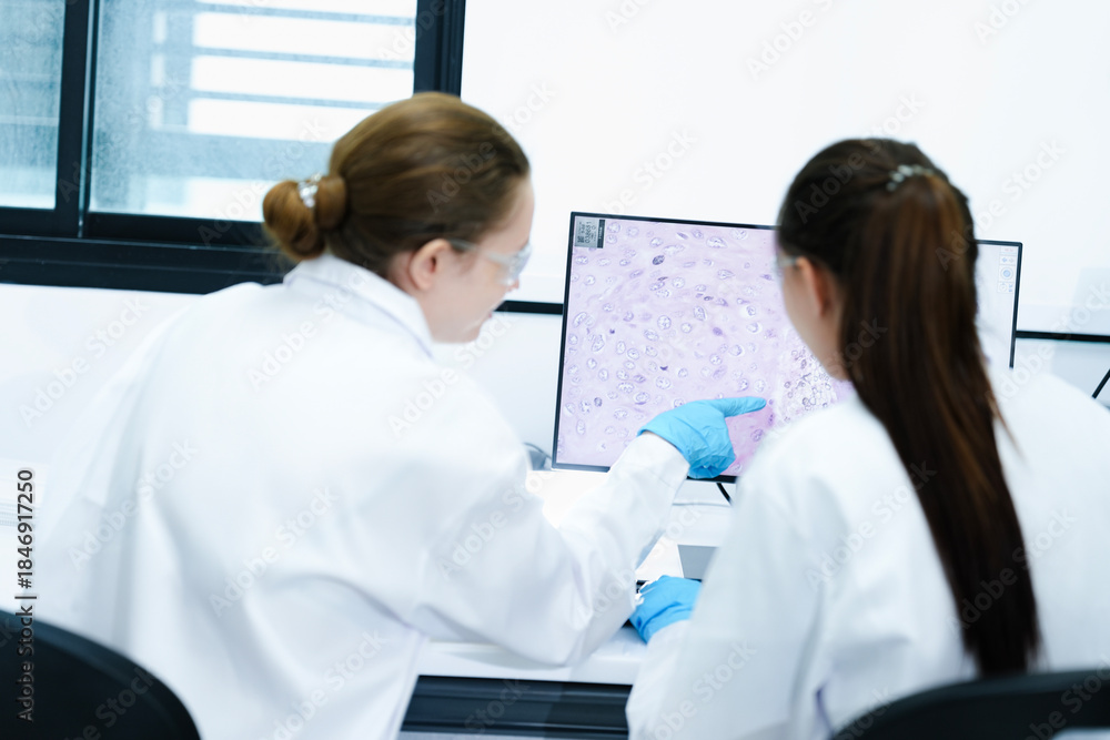 Obraz premium Team of female scientists analyzing digital pathology slides on computer. Caucasian and Asian researchers reviewing histology data for medical diagnosis in modern lab.