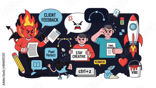 A chaotic illustration depicting the stressful realities of creative work, featuring a devilish figure, frustrated designers, and symbols of feedback and design tools.