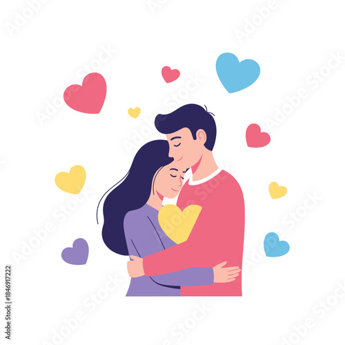 romantic couple embracing with colorful hearts surrounding them symbolizing love and affection in