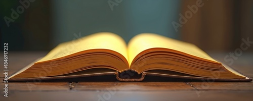 Opened old book with yellowed pages rests on wooden surface. Close-up view of thick ancient tome with aged paper details. Textual content awaits discovery inside unbound literature.