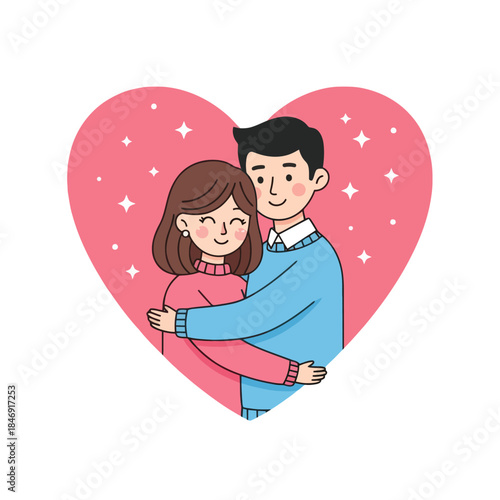 Cute cartoon couple sharing a loving embrace with a pink heart background perfect for romantic