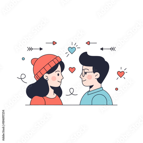 Cute cartoon couple with love and affection, colorful romantic illustration for relationships and