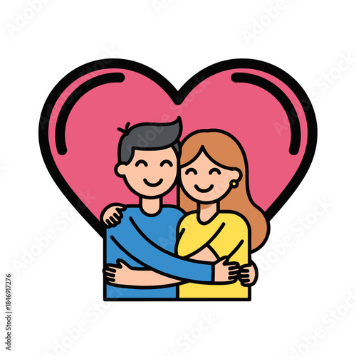 Cute cartoon illustration of a loving couple embracing with a large pink heart in the background