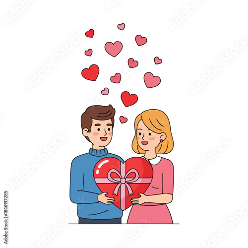 romantic couple exchanging a heartfelt gift with floating hearts symbolizing love and affection