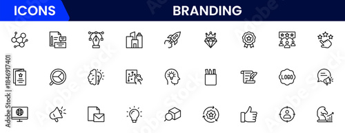 Branding icon set. Containing marketing, product, brand value, design, logo, brand development, social media, advertising and loyal customers icons