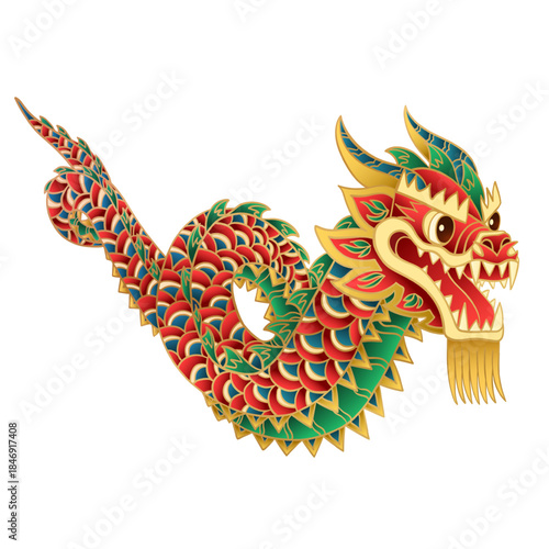 Chinese Dragon Dance with festive marionette snake isolated on white. Vector cartoon illustration of bright colors. Clipart or png of traditional Lunar New Year or Lantern festival decoration.