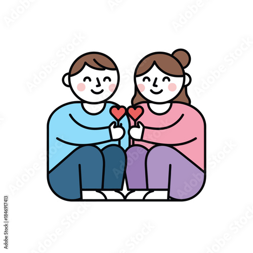 Cute cartoon couple exchanging hearts symbolizing love and affection