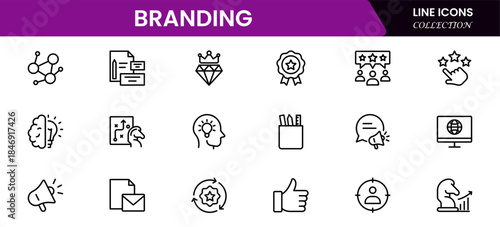 Branding icon set. Containing marketing, product, brand value, design, logo, brand development, social media, advertising and loyal customers icons