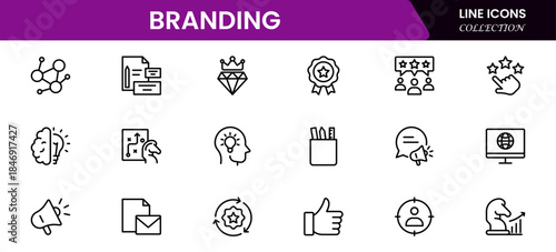 Branding icon set. Containing marketing, product, brand value, design, logo, brand development, social media, advertising and loyal customers icons