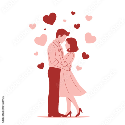 romantic couple embracing surrounded by floating hearts in a minimalistic illustration capturing