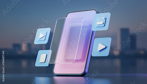 Futuristic smartphone mockup with floating screen elements and media icons. modern technology concept for digital app, streaming, or entertainment with an engaging user interface