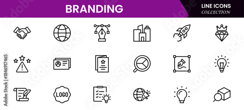 Branding icon set. Containing marketing, product, brand value, design, logo, brand development, social media, advertising and loyal customers icons