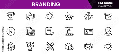 Branding icon set. Containing marketing, product, brand value, design, logo, brand development, social media, advertising and loyal customers icons