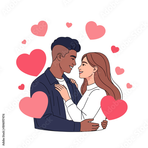 romantic couple in love with hearts surrounding them as a cute and tender illustration in modern