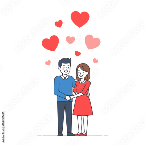 Happy couple holding hands with love hearts floating above them in a romantic illustration