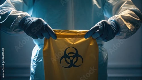 Hands in Gloves Sealing Biohazard Waste Bag for Safety Precautions
