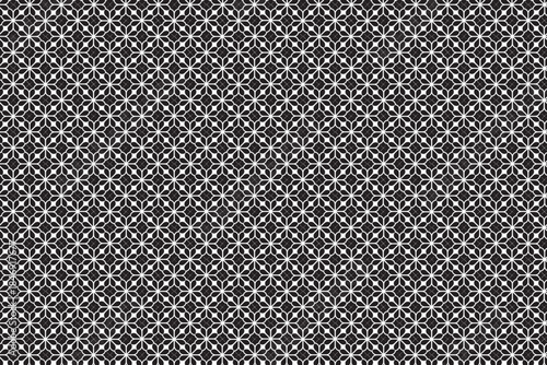 A dense black and white repeating geometric pattern covers the entire image. The design consists of fine white, star-like figures arranged in a grid, connected by intricate lines. These bright element