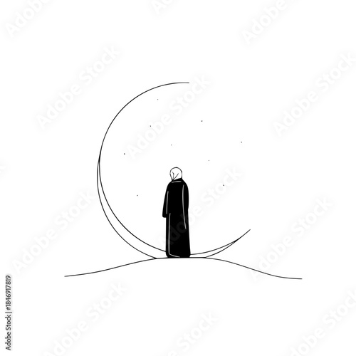 Man Standing on Moon, Looking Up at Stars, Minimalist Line Art