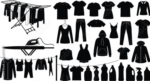 Laundry silhouette vector set including clothes drying rack, ironing board, detergent bottles, washing line, and various apparel icons for household cleaning illustration concepts