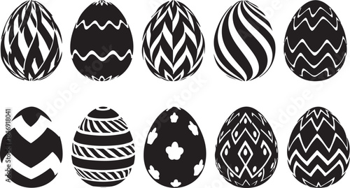 Ten black and white patterned easter eggs