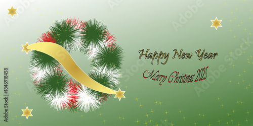 Christmas wreath with gold and red glitter ornaments. Christmas tree decoration. Holiday fir tree garland. Vector illustration