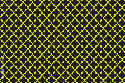 This high-contrast, geometric pattern features bright yellow shapes against a solid black background. The design consists of countless repeating units arranged in a dense grid. Each yellow shape 