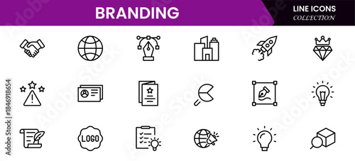 Branding icon set. Containing marketing, product, brand value, design, logo, brand development, social media, advertising and loyal customers icons