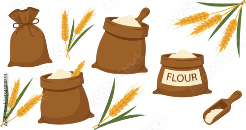 Vector Collection of Flour Bags and Wheat Grain Stalks; Brown Sacks and Scoops of Flour for Baking, Milling, and Agricultural Themes.