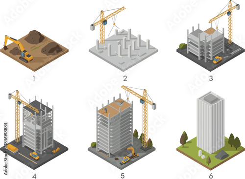 Building construction stages process infographic isometric illustration crane excavation foundation skyscraper development vector sequence