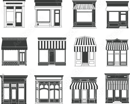 Storefront facade icons collection vintage retail shop buildings monochrome vector illustration isolated urban design