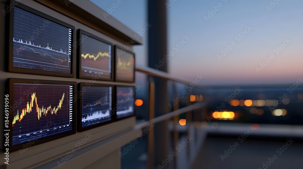 Obraz premium Multiple financial trading screens displaying graphs overlook a blurred city skyline at twilight