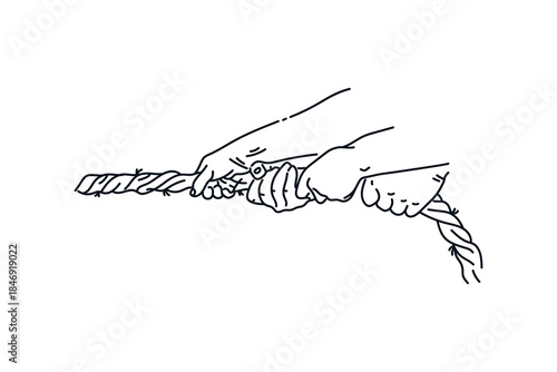 Hands competing on tug of war game vector outline illustration