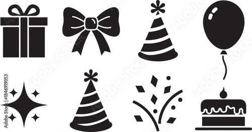 Eight black icons for birthday celebration events