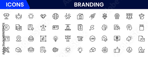 Branding icon set. Containing marketing, product, brand value, design, logo, brand development, social media, advertising and loyal customers icons