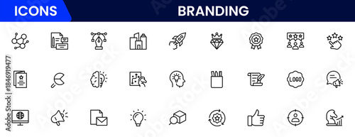 Branding icon set. Containing marketing, product, brand value, design, logo, brand development, social media, advertising and loyal customers icons