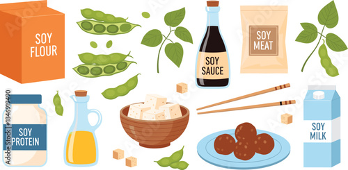 Vector Collection of Healthy Soy-Based Food Products; Tofu, Soy Milk, Sauce, Flour, Edamame, Protein, Oil, and Meat for Vegan Diet.