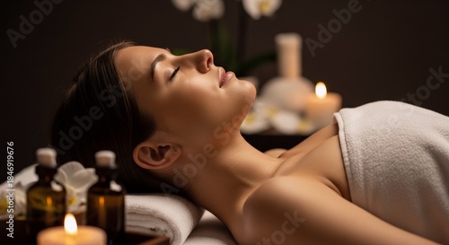Profile of a beautiful woman relaxing in spa ambience, candlelight, massage