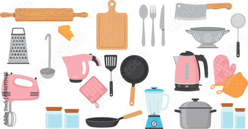 Home Kitchen Utensils and Appliances Vector Collection with Rolling Pin, Mixer, Blender, Kettle, and Cutting Board for Cooking and Baking Design