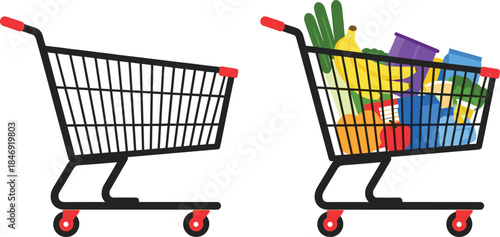 Empty and full shopping cart comparison illustration with groceries and products for retail ecommerce concept in clean modern flat vector style