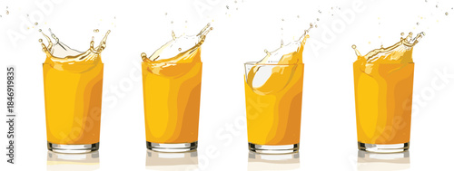 Fresh orange juice splashing in glasses illustration showing citrus beverage, healthy drink concept, refreshment, vitamin rich nutrition, and summer freshness