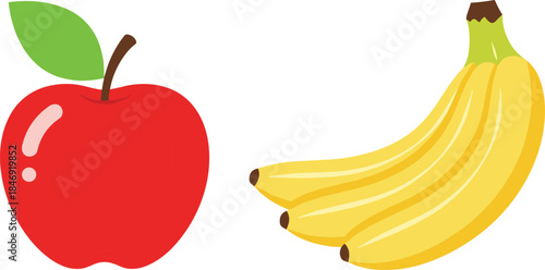 Fresh red apple and ripe yellow bananas illustration isolated on white background for healthy food nutrition grocery and organic fruit concept design