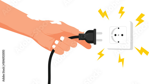 Hand holding electric plug near power socket with lightning symbols, electricity connection concept, energy, safety and technology illustration