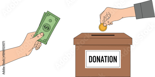 Hands donating cash and coins into donation box, charity support and fundraising concept, financial help and generosity flat vector illustration